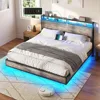 Bed Fram, King Size Floating Bed Frame with 2-Tier Storage Headboard, Metal Bed Frame with Charging Station & LED Lights 1