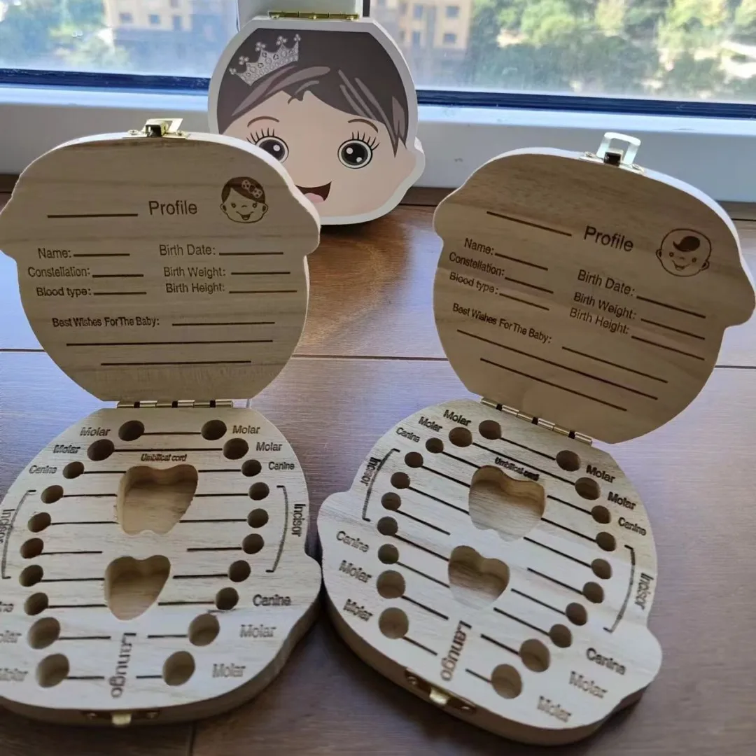 Tooth Box English/Spanish Baby Wood Teeth Box Organizer Milk Teeth Storage Kids Umbilica Save Gifts
