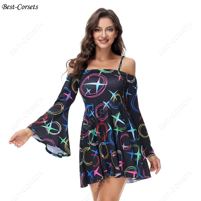 

70s Disco Outfits for Women Hippies Costume Disco Carnival Sexy Disco Dress Off Shoulder Halloween Costume