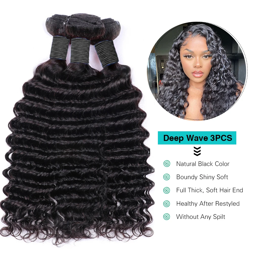 Deep Wave Bundles 3 PCS Natural Color 100% Remy Human Hair Bundles 10-40 Inch 100 Gram Per Bundle Sew In Quick Weave Bundles 4