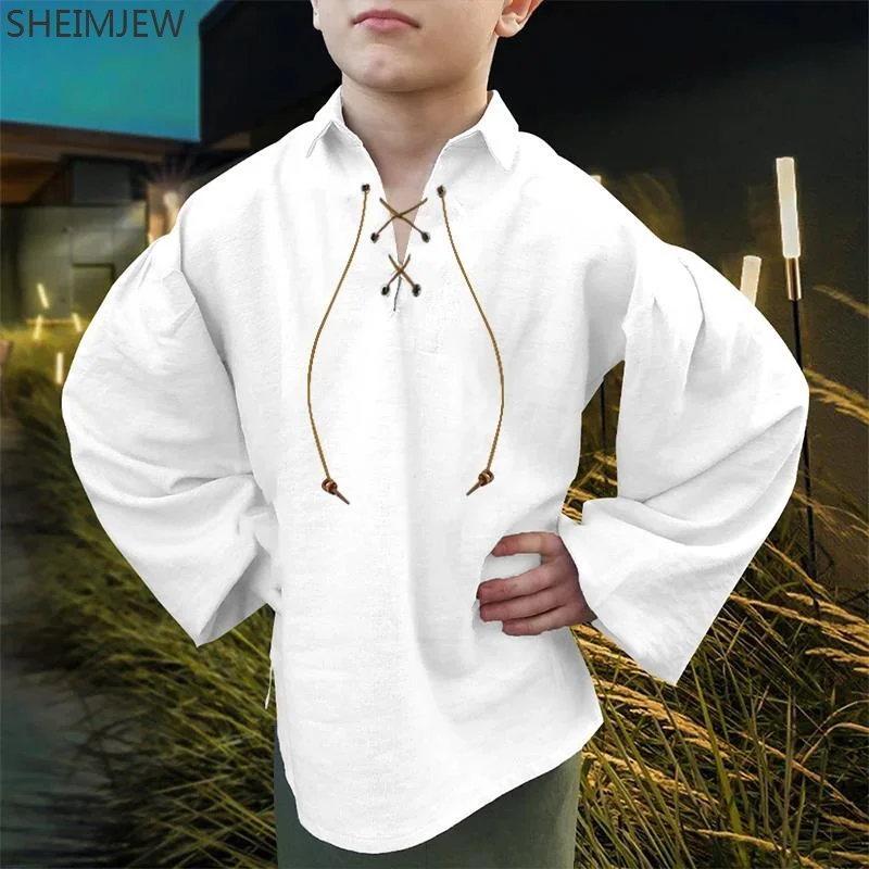 

2024 Medieval Boys Pirate Cosplay Shirt Viking Renaissance Lace Up Children's Costume Halloween Scottish Virgin Ghillie Costumes