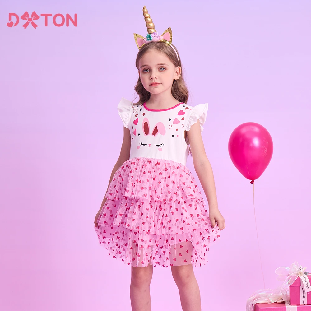 Girls Dress Kids Clothes DXTON Sleeveless Kids Dresses Heart Full Printed Birthday Party Princess Dress For Girls Rabbit Cartoon Children Casual Clothing