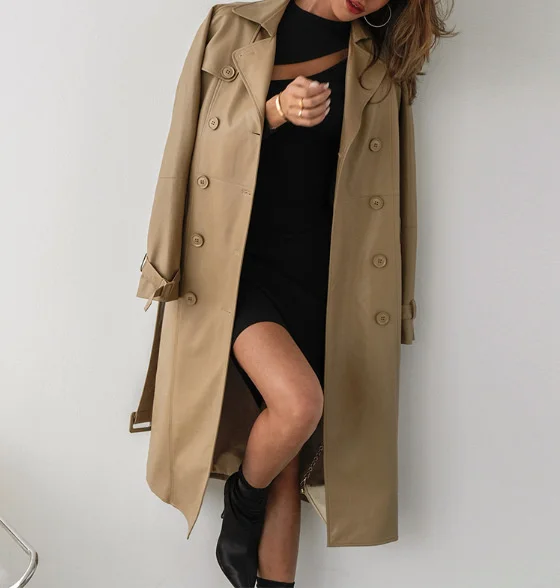 

Genuine leather coat spring new middle and long style sheep leather double-breasted belt waist style trench coat woman2023