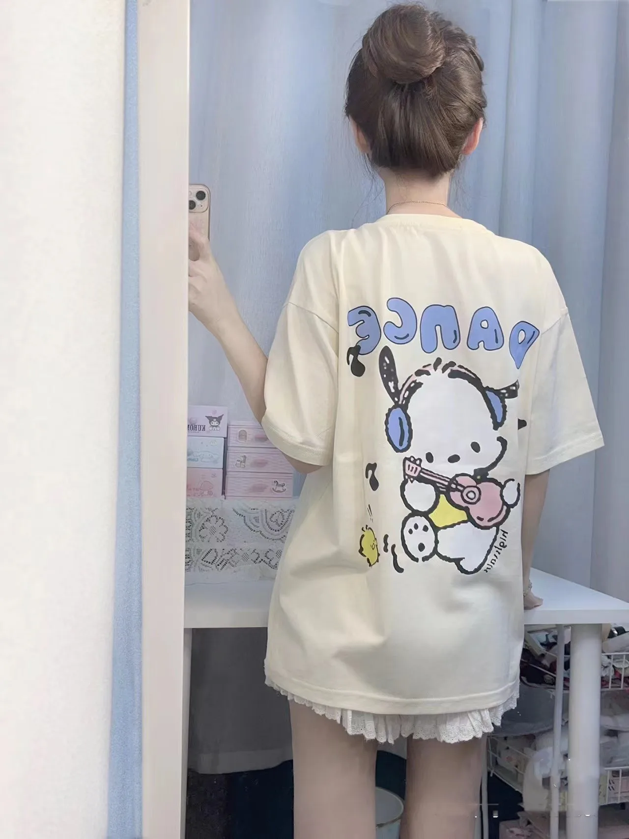 ★WAIKEI★ Pochaco Flower Short Sleeve T-shirt Pink YKBE05TS Sanrio Kawaii Pochacco T Shirt Cartoon Cute Print Short