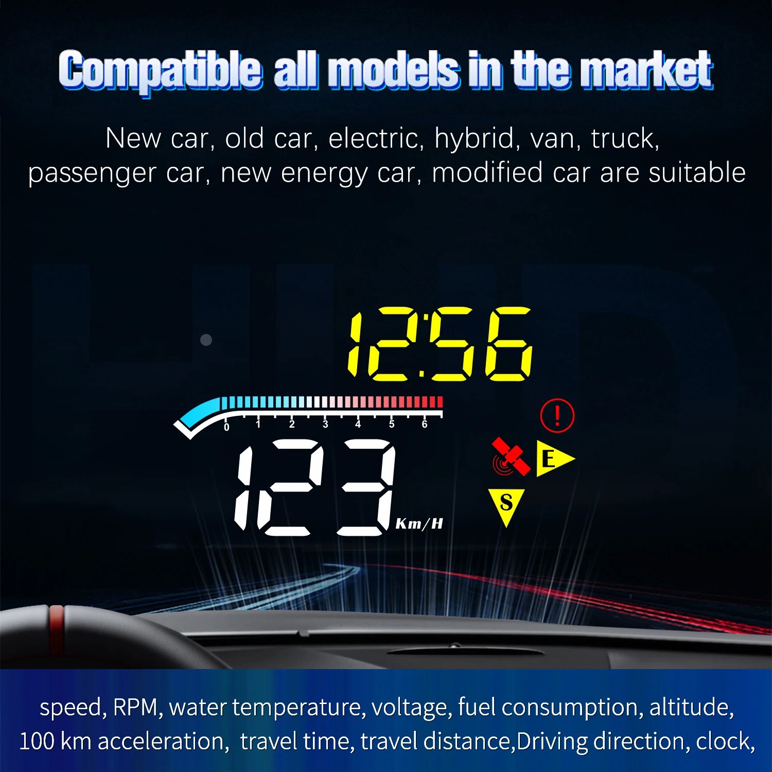 M17 OBD+GPS HUD 자동차 헤드업 디스플레이 고도계 속도계 수온계 전압계 과속 경보 피로 운전 알림 기능 포함