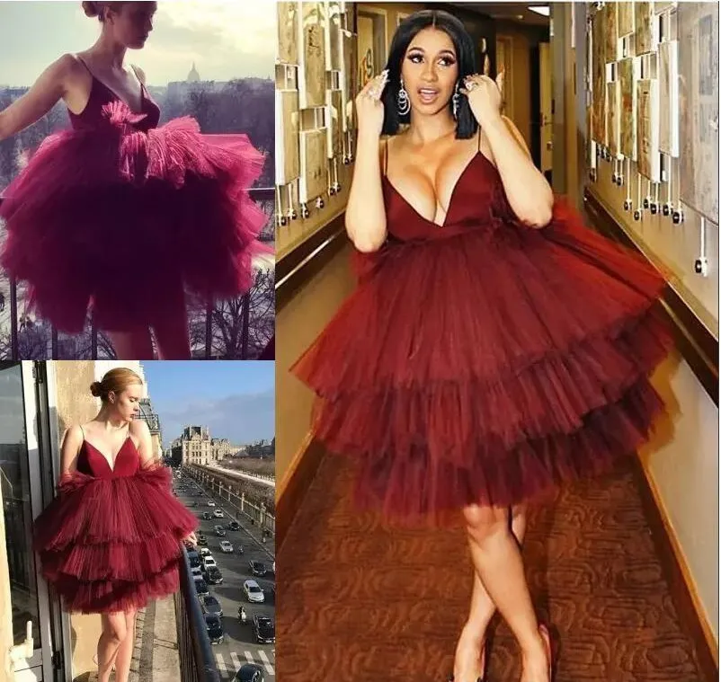 Sexy Burgundy Tiered Evening Dresses Spaghetti Straps A-Line Attractive Short Cocktail Party Gowns Mini Prom Dresses plus size evening gowns