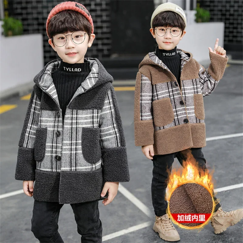 Girls Wool Coat Jacket Outerwear 2023 Hooded Thicken Plus Velvet Winter Autumn Cotton Children's Clothing