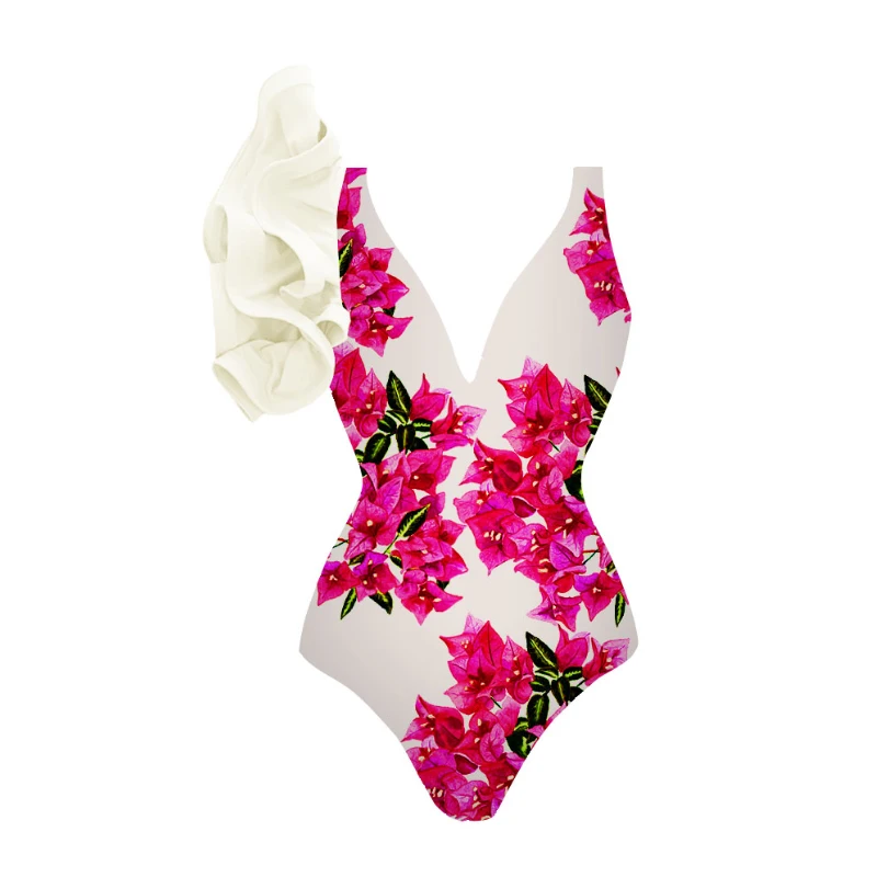 2023 Flower Printed Swimwear Ruffle Design One Piece Swimsuit and Strappy Skirt Retro Beachwear Cover Up Bathing Suit Smock