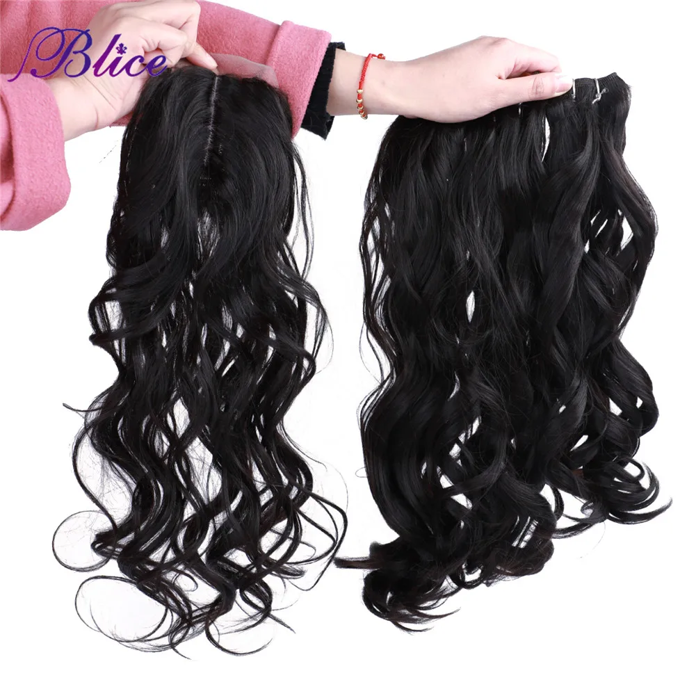 Blice Synthetic Hair Bundles With Closure Mixed Hair Extensions Curly Wave Style Natural Line Closure