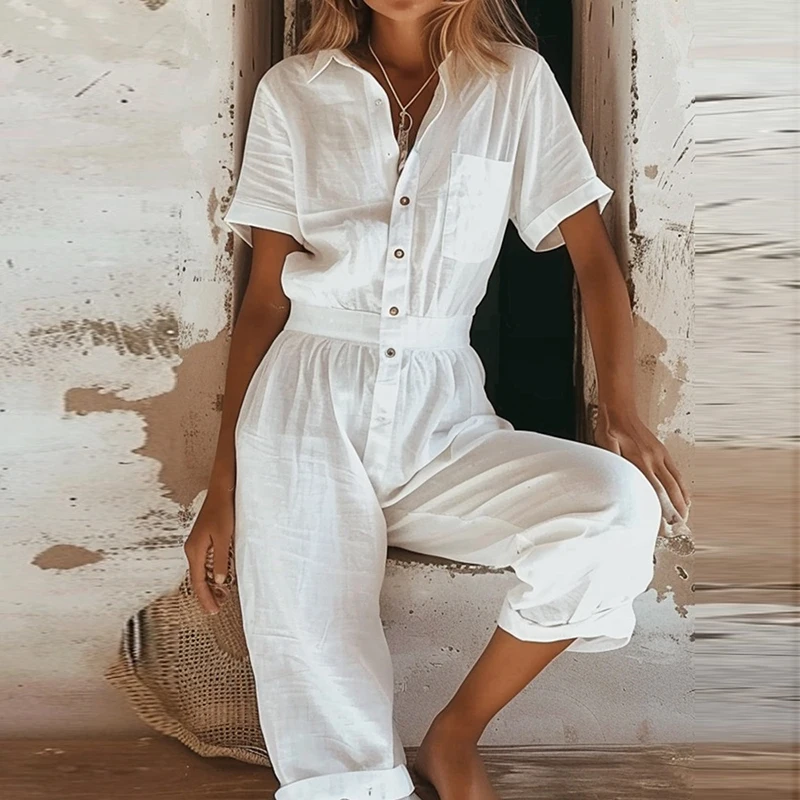 

Повседневный комбинезон с лацканами и пуговицами на талии, простой однотонный плиссированный комбинезон с карманами и длинными брюками, лето 2024, зеркальный комбинезон из хлопка и льна