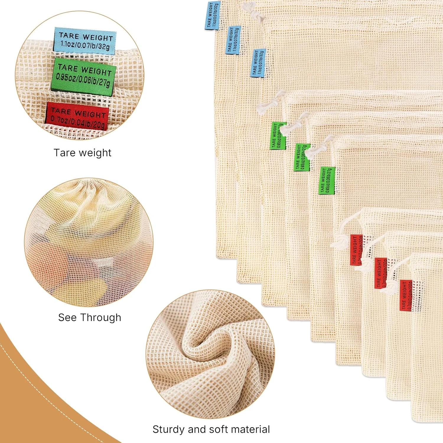 Eco-Friendly Reusable Organic Cotton Produce Bags - Set of 3/5/10