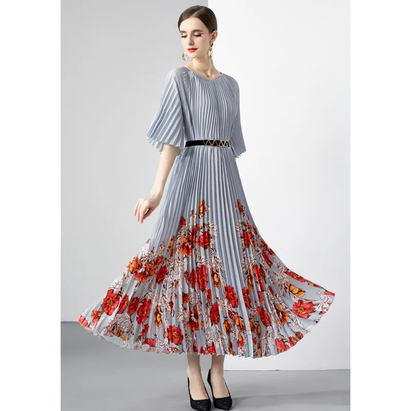 

Summer Fashion Elegant Round Neck Silk Printed Dress 2023 New Versatile Waist Waist Slim Leisure Party Dress Vestidos