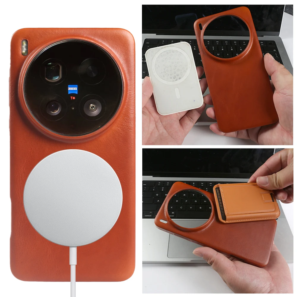 Luxurious Leather Phone Case with Magnetic Calfskin Oil Wax Finish