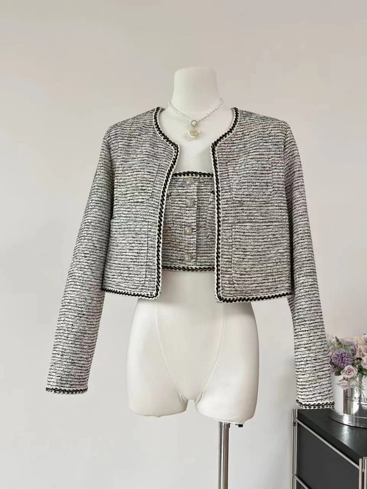 

Women's Vintage Two Pieces Jacket Set Lady Autumn Streetwear Open Stitch Long Sleeve O Neck Short Jacket + Crop Strapless Top