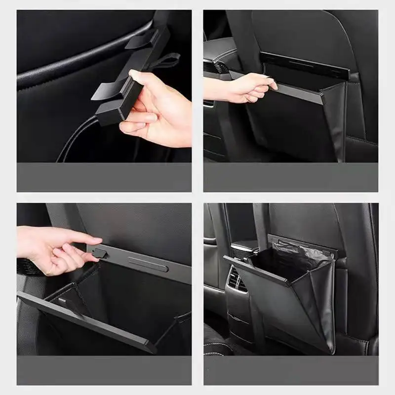 Car Trash Bag Hanging Garbage Bin With Pockets Suitable For Tesla Model 3YX Waterproof PU Leather Auto Rubbish Supplies