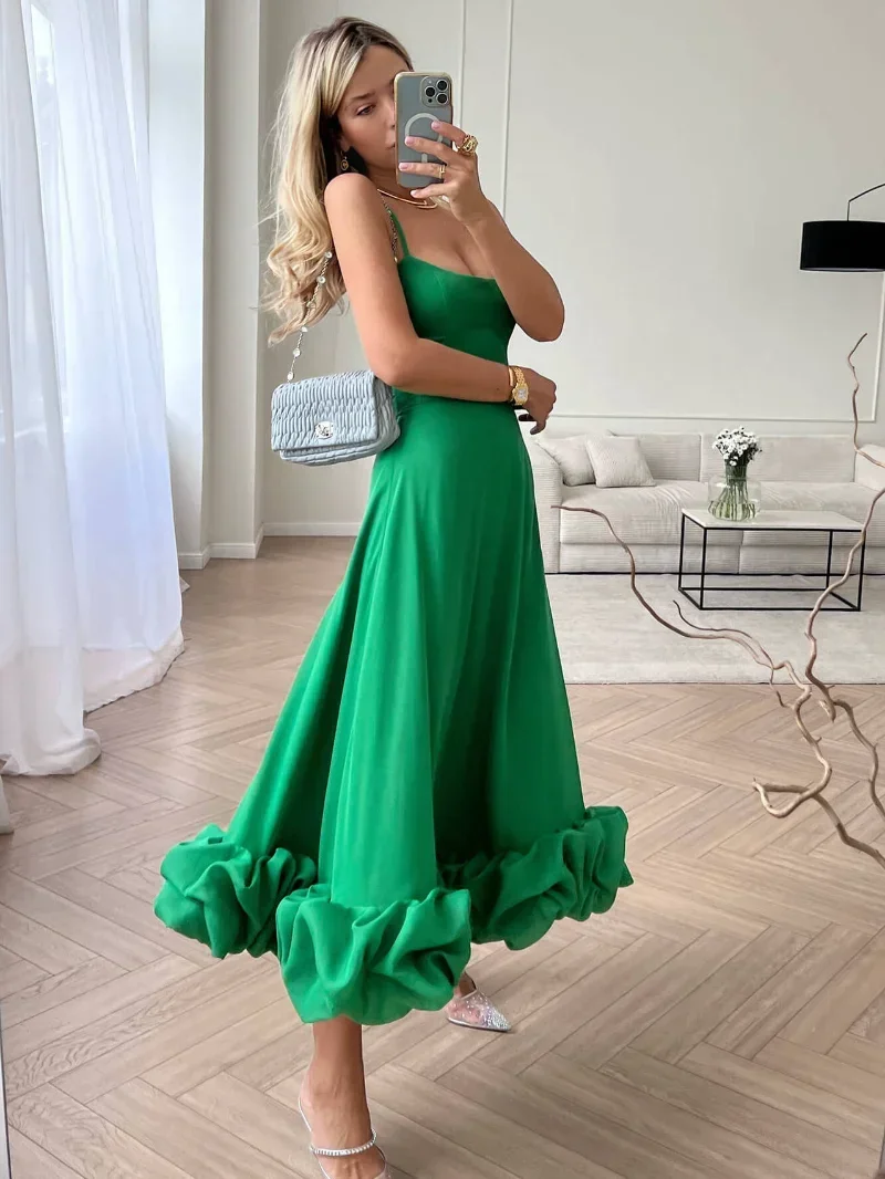 

2024 Women Spaghetti Strap A-line Ruffles Pink Evening Dresses Elegant Sweet Sleeveless Backless Zip-up Green Party Prom Dress