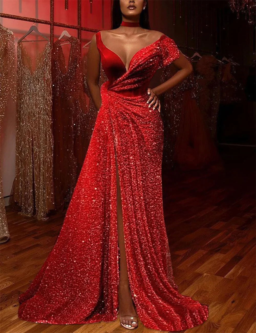 

Stunning Cocktail Dresses for Women Long Luxury Maxi Red Sequined Short Sleeve A-Line Floor Length Slit Pure Color Custom Made