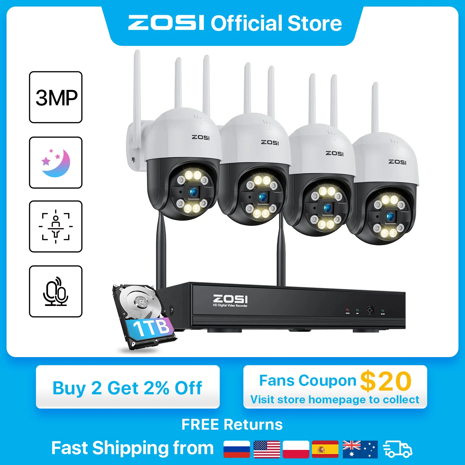 Zosi 2K Ptz Sistema Di Telecamere Di Sicurezza Wireless 3Mp Pan/Tilt Telecamere Ip Outdoor Indoor 8Ch 3Mp Wifi Sorveglianza Cctv Nvr