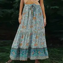 

Bohemian Floral Printed Maxi Skirts Celmia 2022 Summer Women Elastic High Waist Jupes Elegant Stitched A-line Vintage Skirts