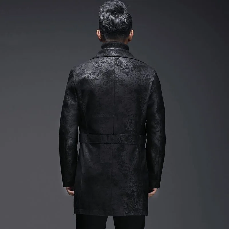 남성용 천연 블랙 양가죽 트렌치코트 중간 길이 모터사이클 재킷 엠보싱 디자인 봄과 가을용