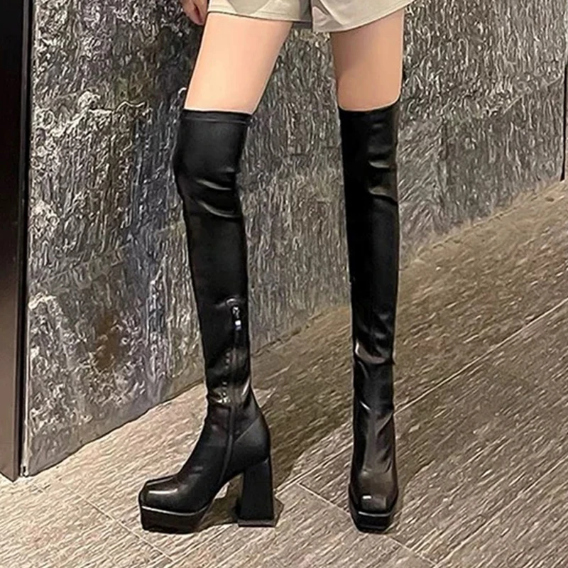 Sexy Long Boots for Women Knee-high Waterproof Platform High Heels Chunky Heel Square Head Autumn Winter New Sle Slimming B...