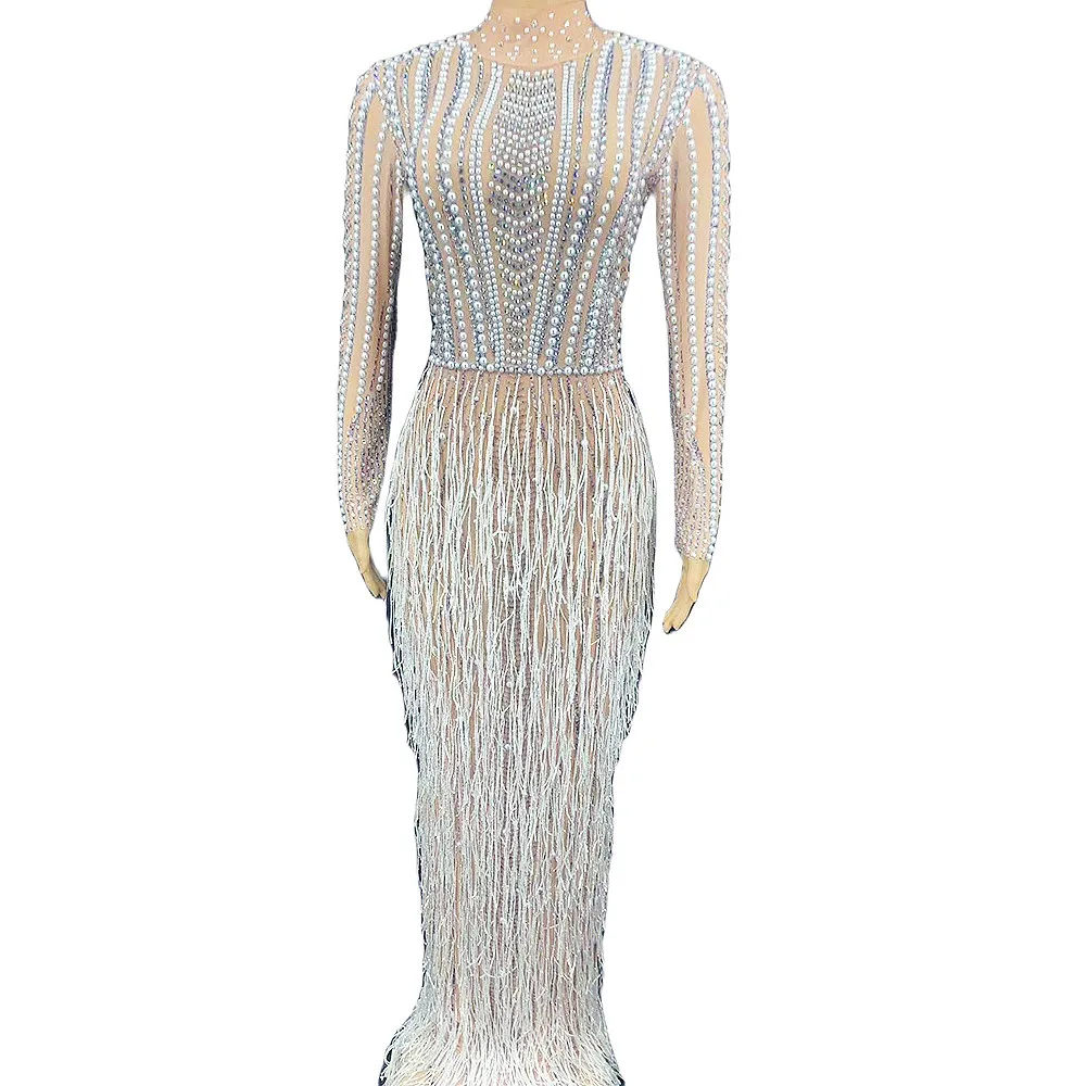 

Nude And Brown Shining Pearls Rhinestones Tassel Sexy Long Split Dress For Women Evening Party Clothing Stage Costumes