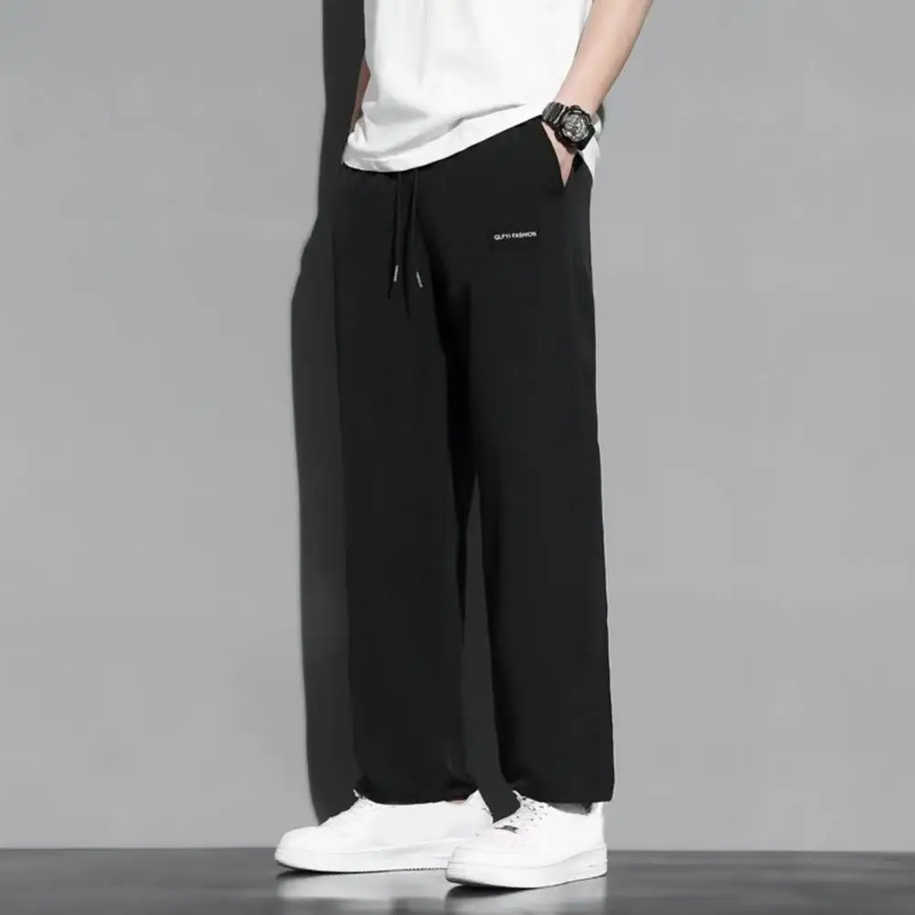 

Casual Straight Pants Men's Ice Silk Sweatpants with Drawstring Waist Wide Legs for Summer Sports Breathable Jogging Trousers