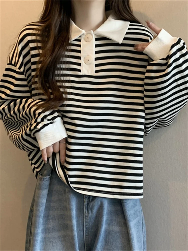 

Женская Полосатая футболка, модная Корейская футболка-поло с длинным рукавом и воротником-поло, свободная Повседневная Базовая тонкая футболка, универсальные Осенние Топы