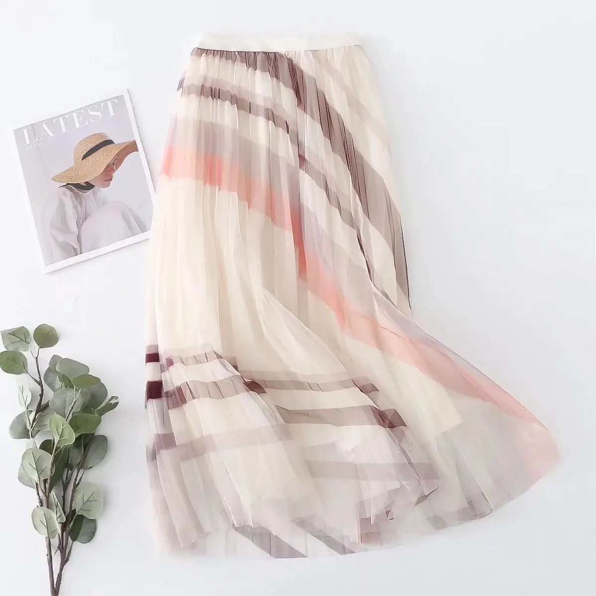 Fashion Summer Fresh Printed Mesh Pleated Skirt High Waist Slim Versatile Mid Length Double Wear Women's Large Swing Skirt free shipping screen printing mesh polyester printing mesh 150t 31um 145cm 50m length