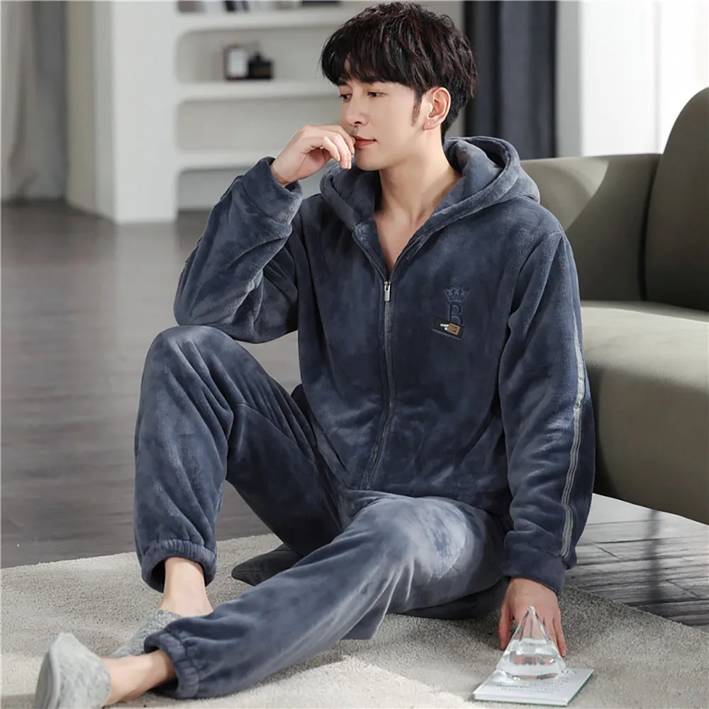 double side coral fleece pajama pants men winter thicken flannel pj pants big size 4xl pijama soft solid warm plush sleepwear Double-side Flannel High-density Warm Pijama Hombre Big Size Pajamas Sleepwear 4XL Loose Zipper Hooded Thick Winter Pyjama Homme