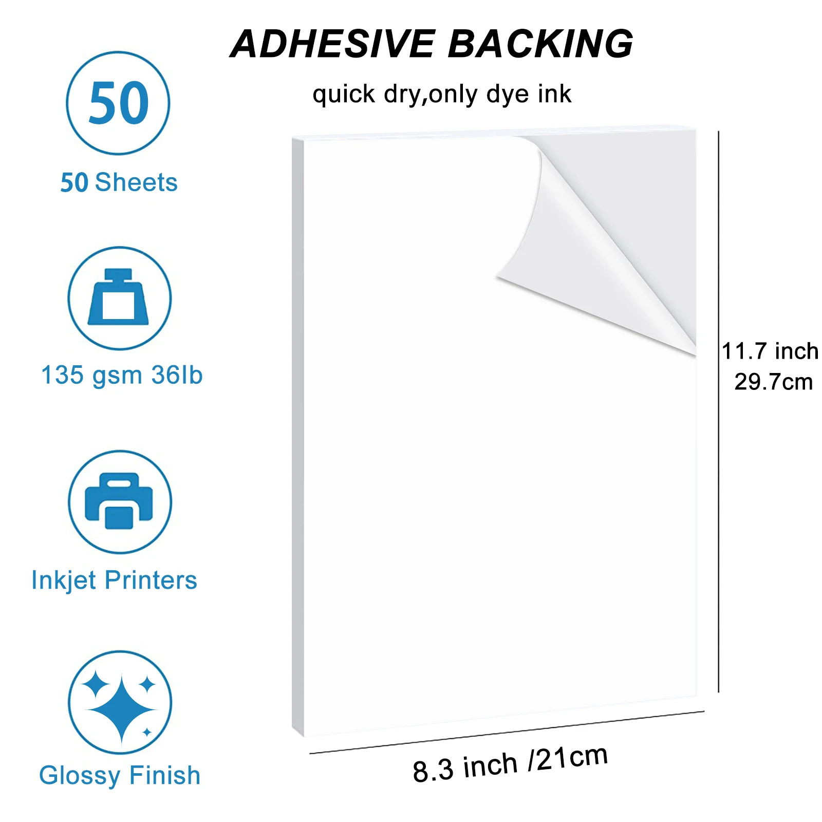 Self-Adhesive Photo Paper A4 Glossy Sticker Paper for Inkjet Printer 8.3 x 11.7 Inch 50 Sheets 135 gsm 36Ib