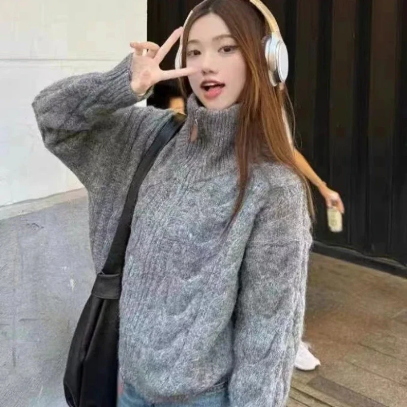 New Fashion Autumn and Winter Women's Turn Down Collar Zipper Long Sleeve Sweater Casual Straight Cardigan Knitwear Office Top