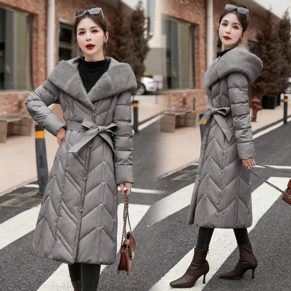 

Winter Fur Splice Long Cotton Coat For Women's Thicken Warm Lace Up Down Jackets Ladies Knee Length Elegant Hooded Parka Female
