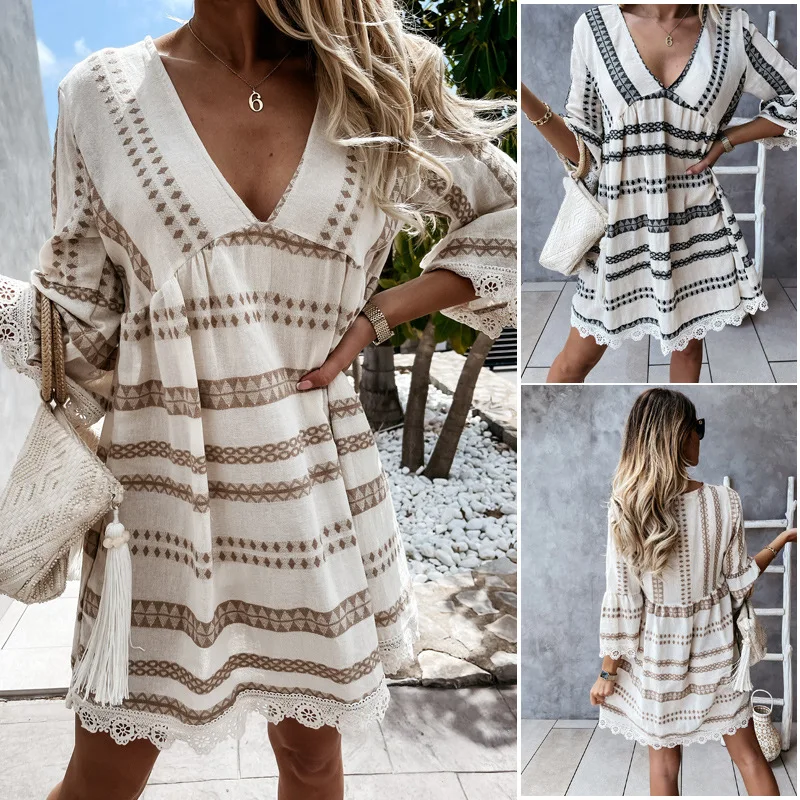 White Bohemian Dress With Stripes 1