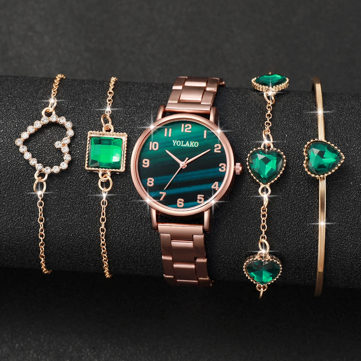 5PCs/Set Classic Style Watch Set Fashion Stainless Steel Dial Green Watch Bracelet Set 3