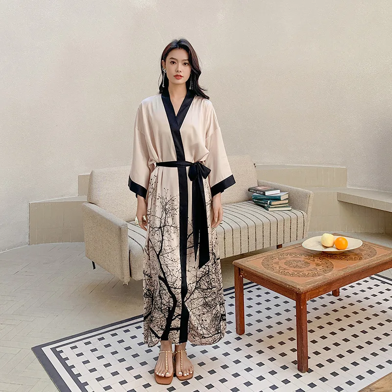 

New Arrival Nightgown Women's Summer Thin Ice Silk Satin Pastoral National Style Luxury Lace-up Pajamas Home Clothes