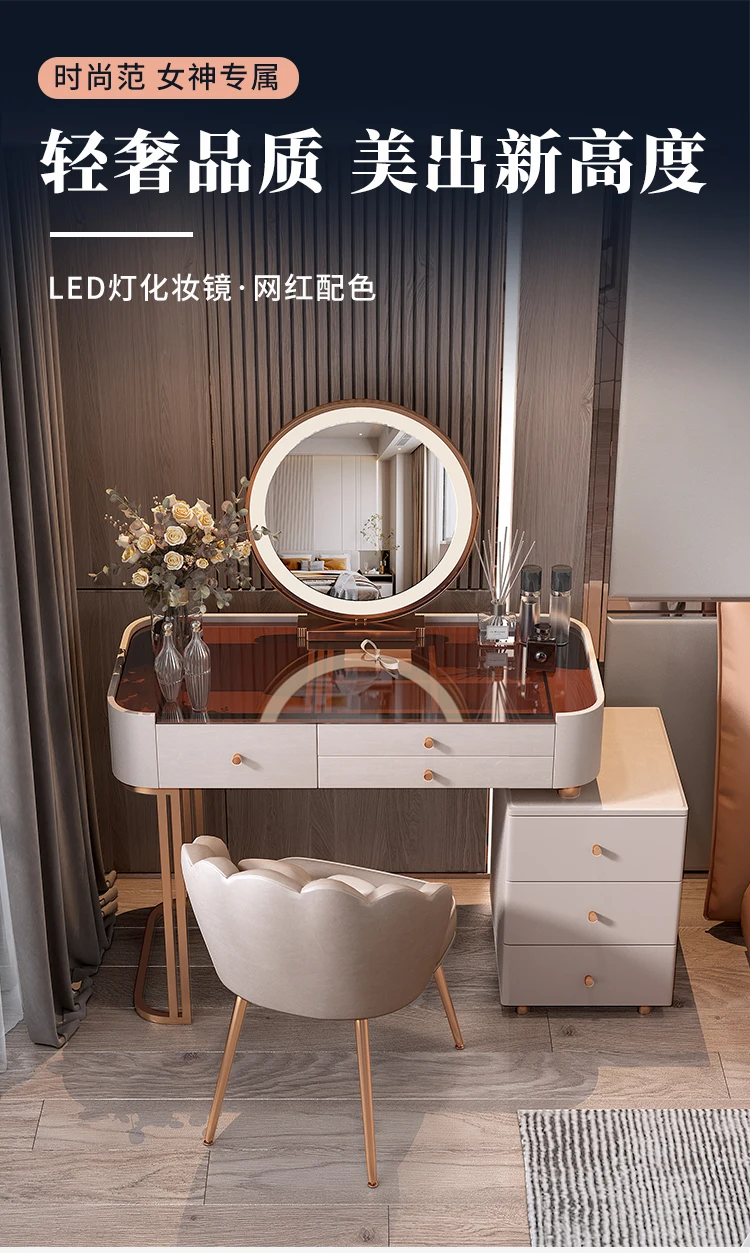 Description Picture 2 of itemWooden Luxury Makeup Table Mirror Cabinets Women Mid Century Dressing Table Modern Comfortable Mesa De Maquillaje Home Furniture