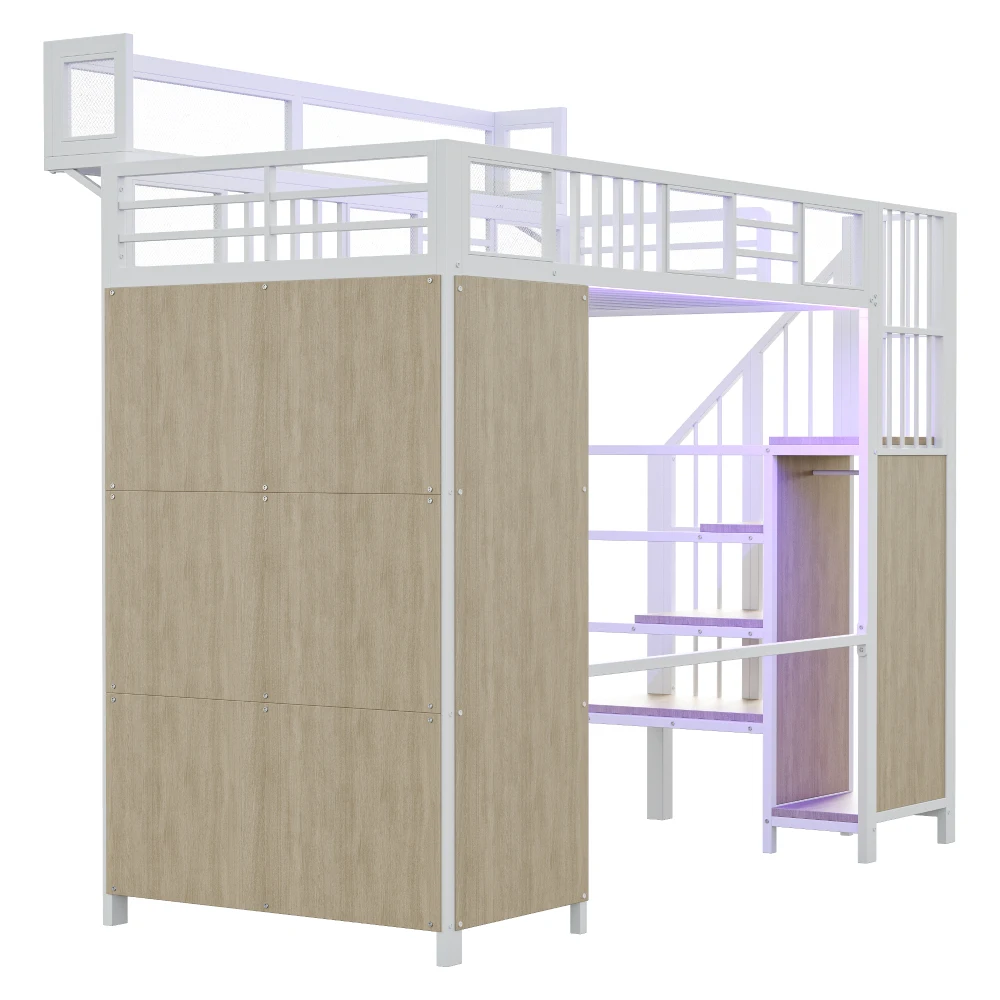 Multifunktionales Hochbett aus Metall, 90 x 200 cm, mit Kleiderschrank, Sicherheitsleiter, LED-Beleuchtung, Sicherheitsgitter, stabiles Bett für Kinder und Jugendliche – Detail 26