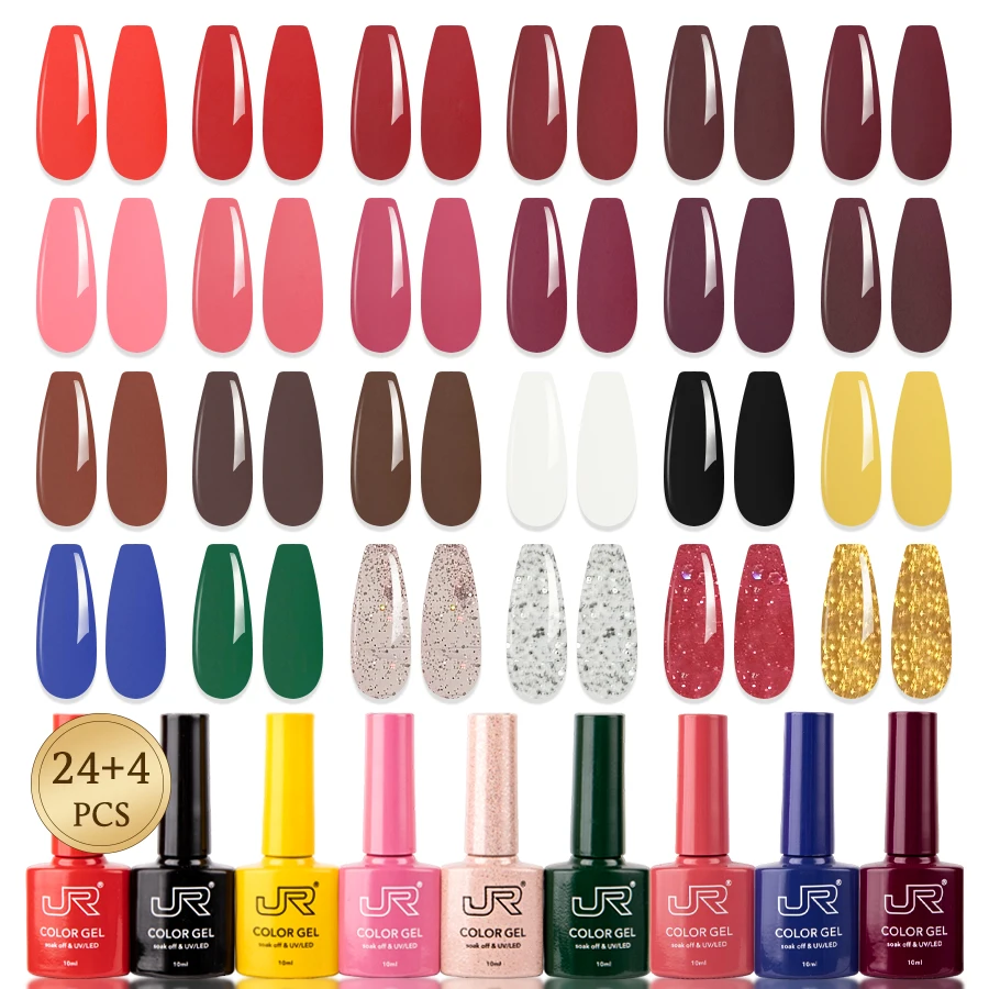 JR 28 pcs 10ml gel nail polish set Including 24 colors top coat base coat remover matte Gel Polish Kit UV LED Soak Off Polish Ho 2