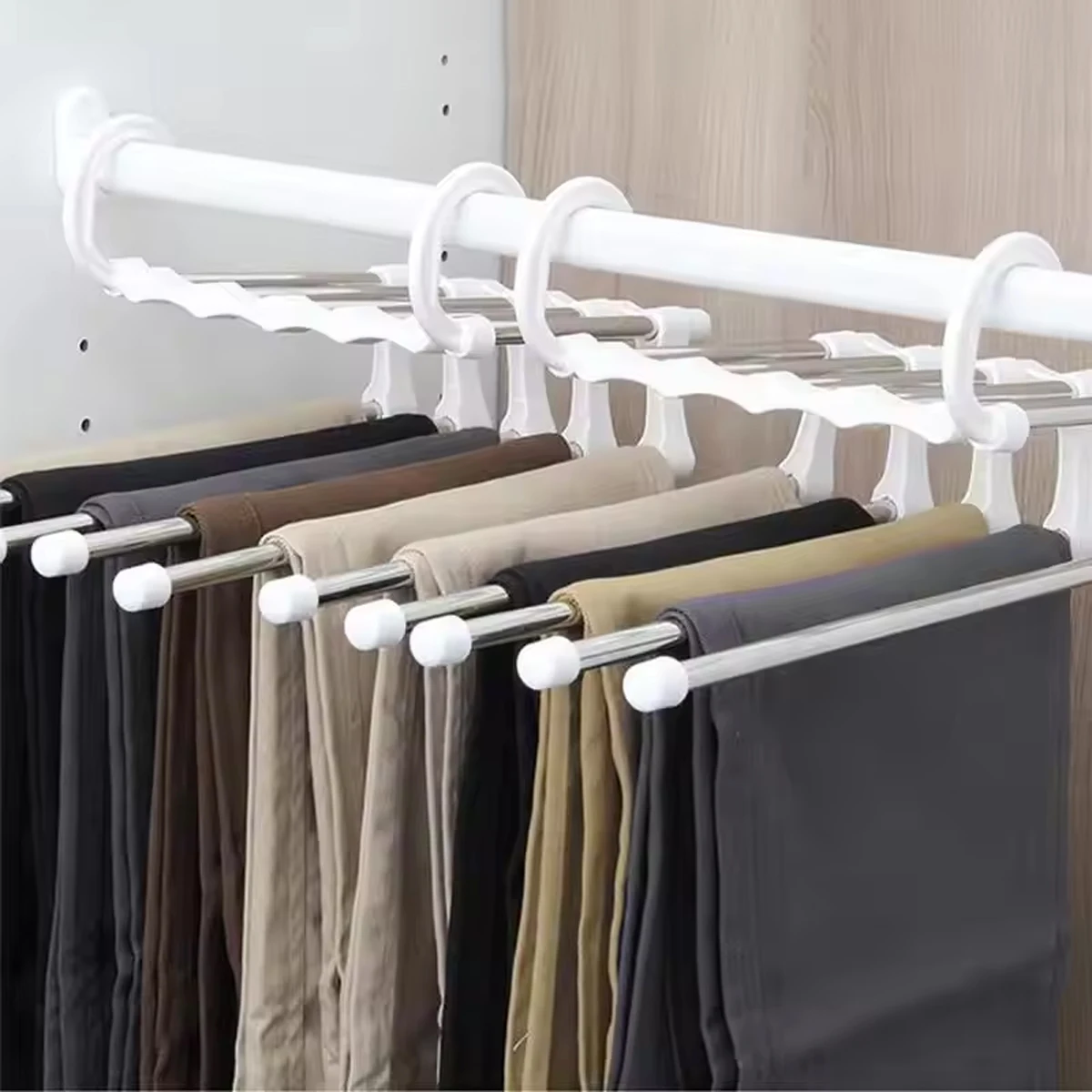 5 In1 Save Space Pants Hanger Collapsible Towel Tie Hook Multi-functional Clothes Trouser Rack Wardrobe Closet Organizer Storage