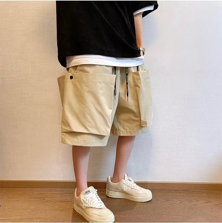 Men Trendy Casual Streetwear Hip Hop Big Pocket Design Cargo Short Pants Y2K 2024 Summer Youth Solid Oversize Baggy Beach Shorts