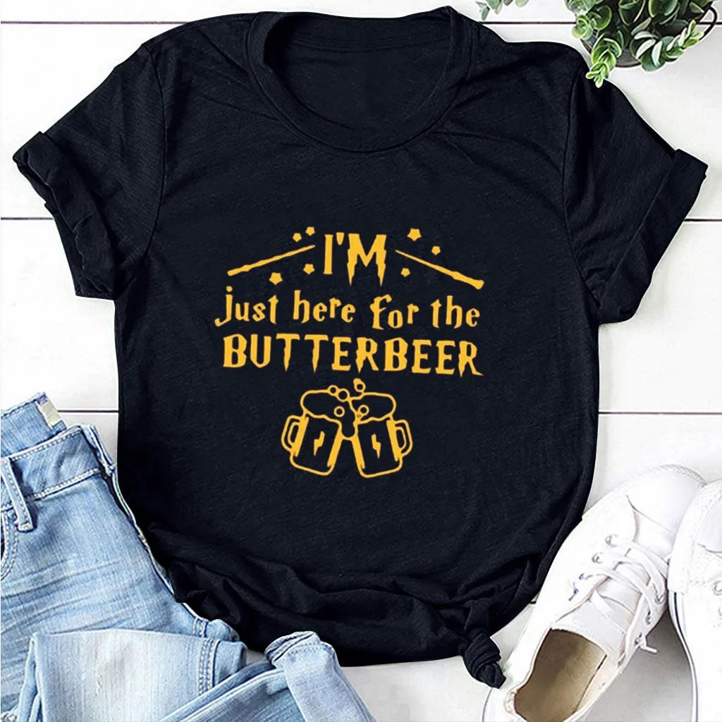 

Seeyoushy I'M JUST HERE FOR THE BUTTERBEER Letter Print Funny Women T-Shirts Fashion Women Casual Short Sleeve O Neck Y2K Tops