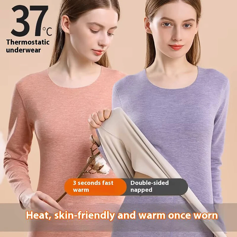Women's Thermal Underwear Set Winter Thickened Seamless High Elasticity Round Neck Long Johns Suit Bottoming Thermos Lingerie