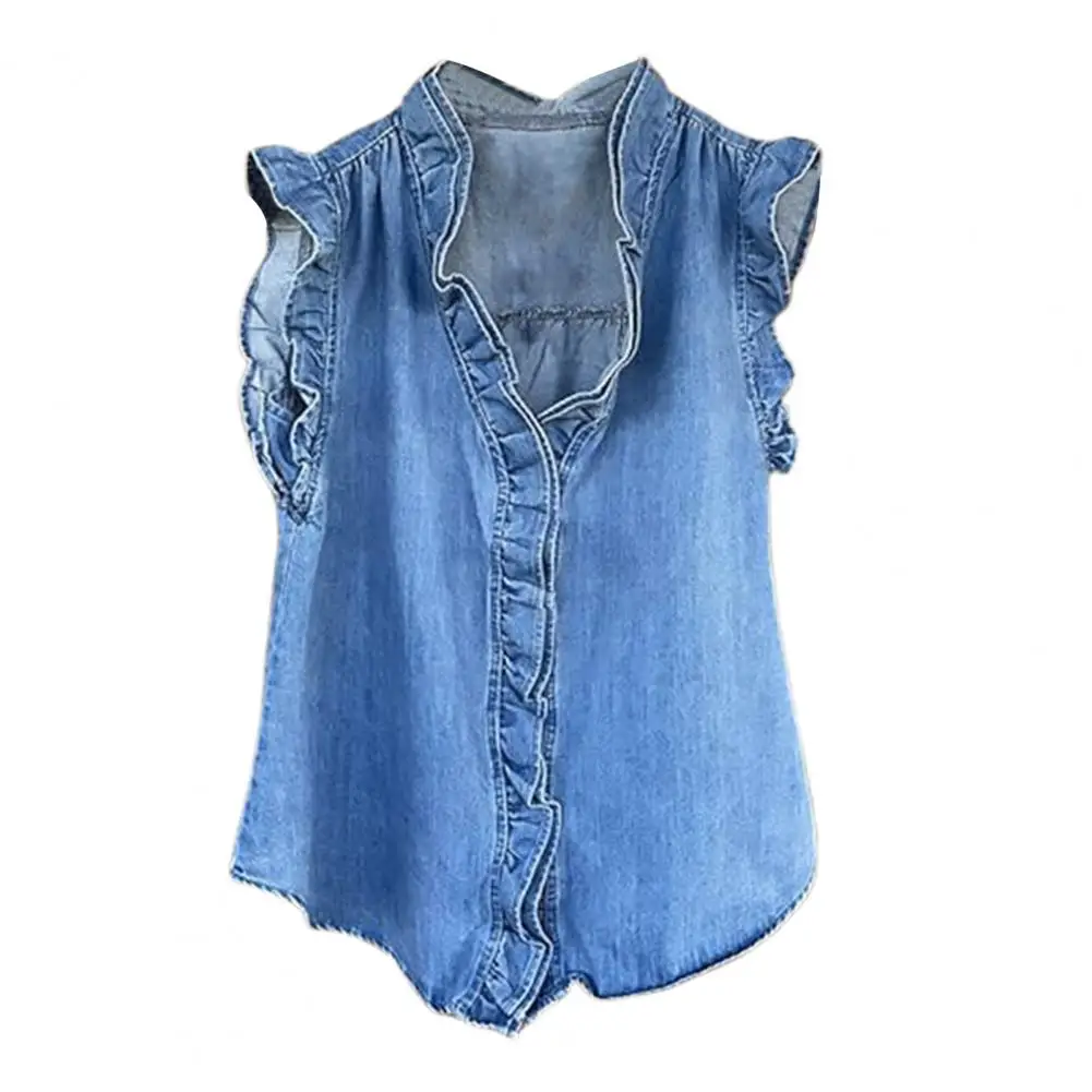 Top vaquero para mujer, camisa de verano sin mangas con volantes
