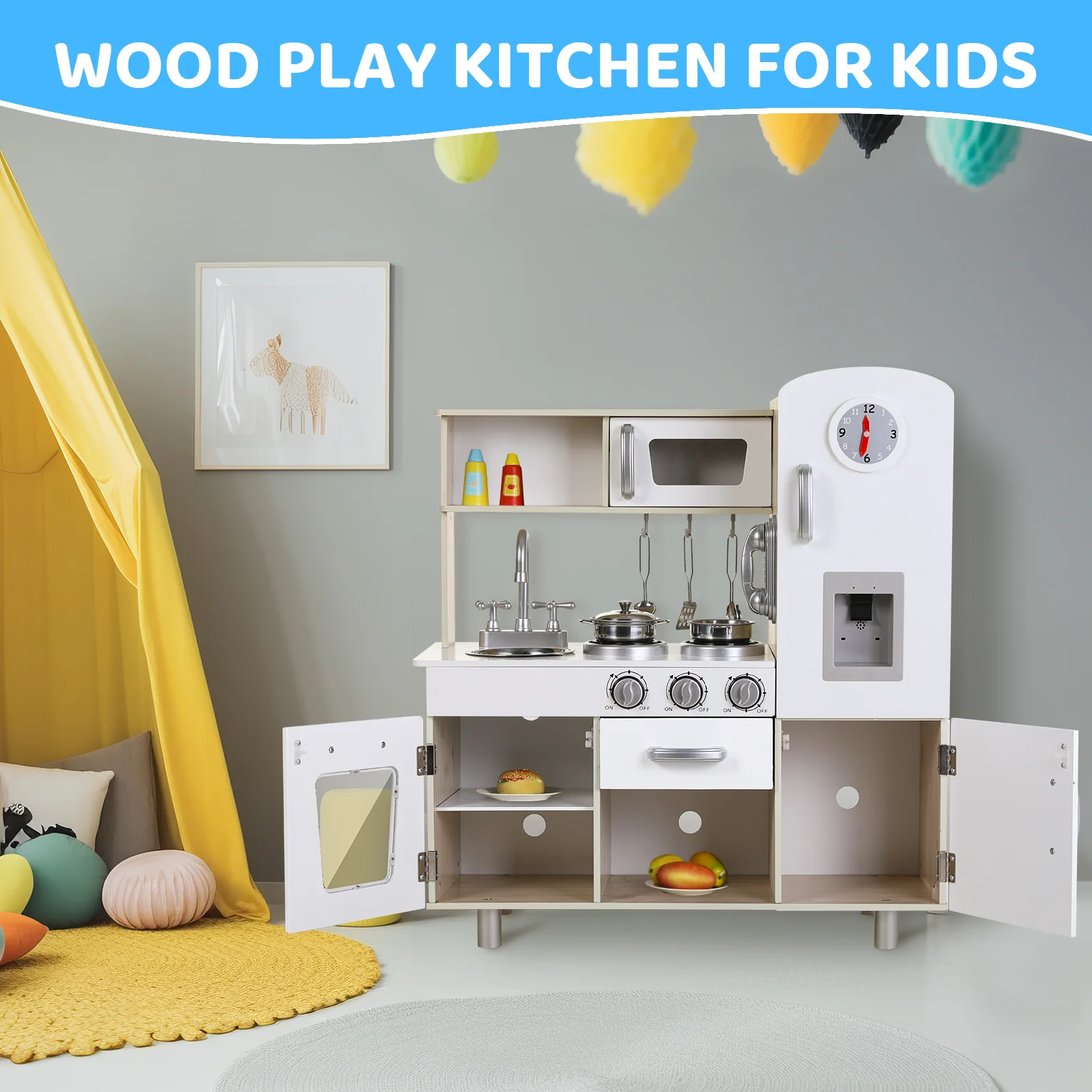 Kids Kitchen Playset, Preschool Cooking Kitchen, Toddler Wooden Pretend Play Toy w/Fridge, Stove, Cookware Utensil 6