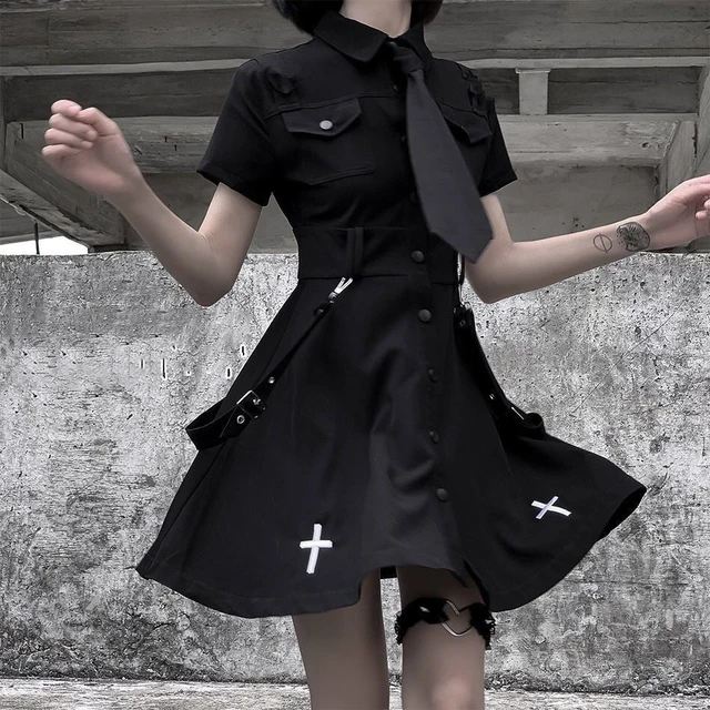 Japanese Lolita Gothic Dress Women Cross Punk Dark Academia Aesthetic Mini  Dresses Black Kawaii Gothic Emo Alt Plus Size Clothes - Dresses - AliExpress