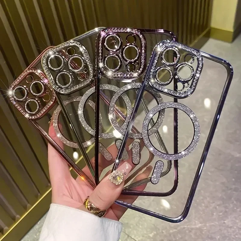iPhone Case Magnetic Diamond Glitter Rhinestone Electroplated Jewelled Transparent For iPhone 16 15 14 13 12 11 Pro Max Plus