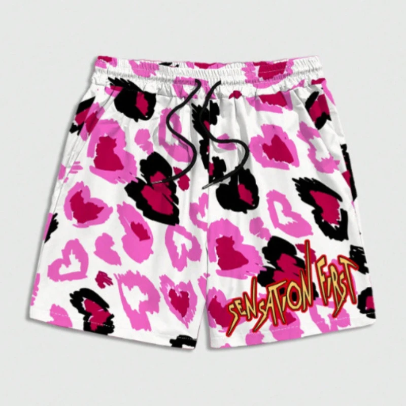 

New Swimming Trunks Summer Mens Loose Sports Breathable Shorts Love Pattern White Color Quick Drying Drawstring Home Vacation