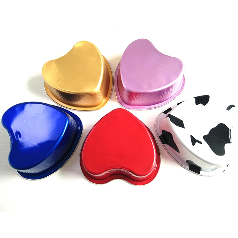 Hot!!10Pcs 100ml Aluminum Foil Cake Pan Heart Shaped Cupcake Cup with Lids Flan Baking Pans for Mother's Day Wedding Birthday