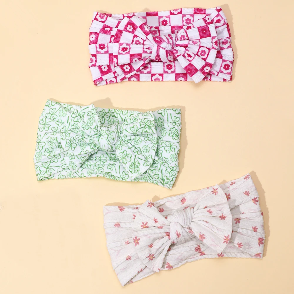 

2023 Floral Print Cable Knit Baby Bow Headband Soft Nylon Turban Headwrap For Newborn Infant Hair Accessories